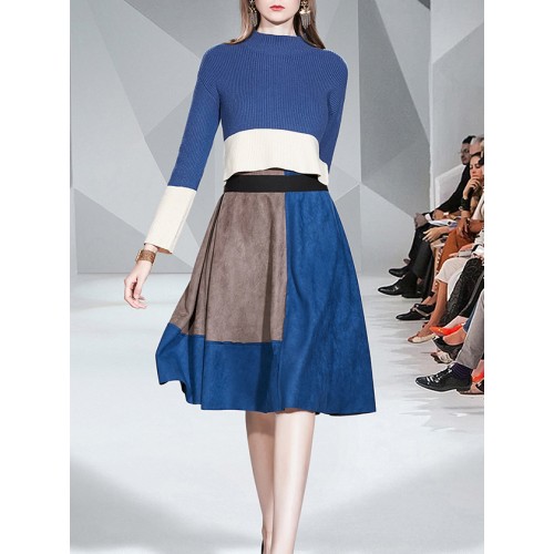 Autumn Color Block Knitted Ladies 2 Piece Skirt Set