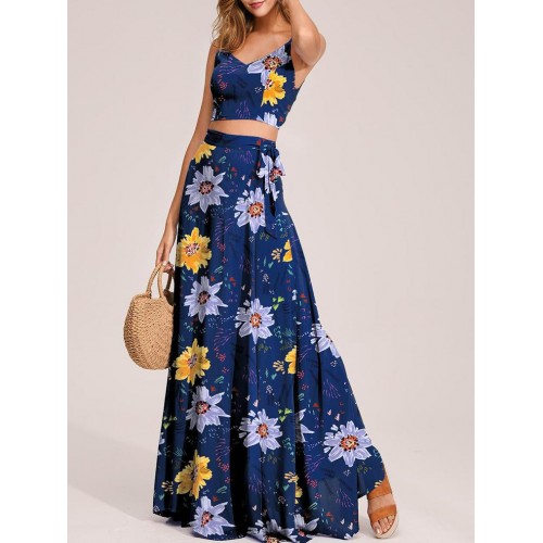 Vacation Flowers Printed Crop Top And Long Skirt Set