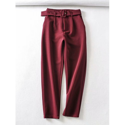 Solid Wine Red Trousers For Women
