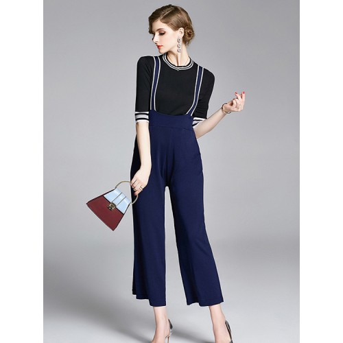 Knitted Stripe Top With Wide Leg Suspender Trousers