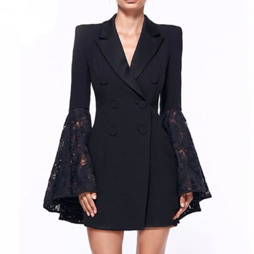 OL Style Double-Breasted Lapel Flare Sleeve Dress