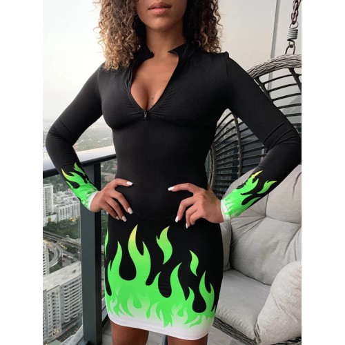 Stand Neck Flame Printed Bodycon Dress