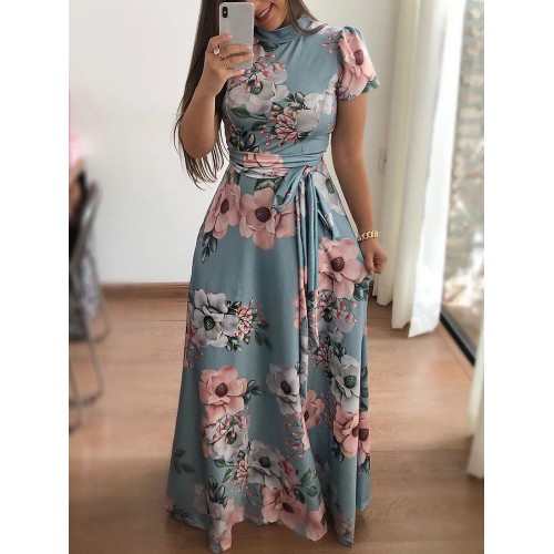Stand Neck Tie-Wrap Floral Short Sleeve Maxi Dress