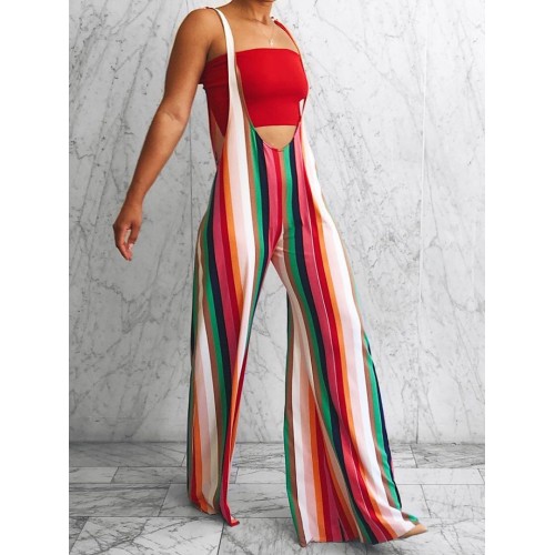 Contrast Color Striped Suspender Palazzo Pants
