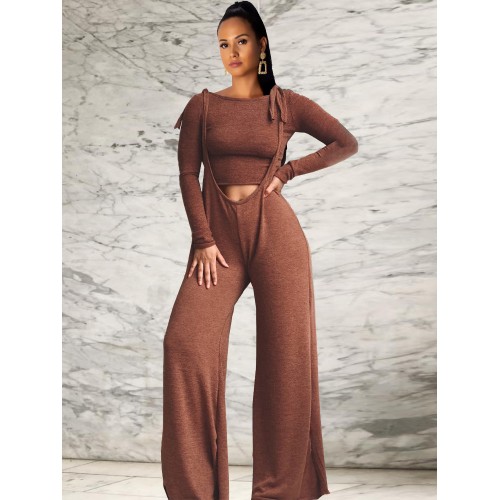Solid Long Sleeve Crop Top With Suspender Trouser