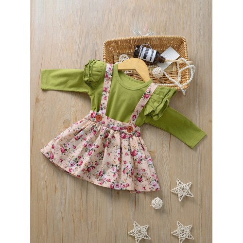 Stylish Floral Suspender Skirt 2 Piece Outfit Sets