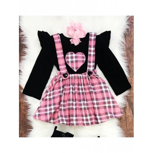 Puff Sleeve Tee With Pink Plaid Suspender Skirt For Girl 