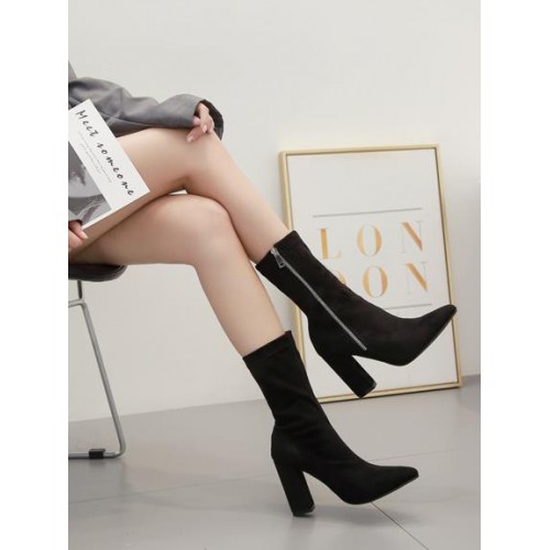 Suede Side Zipper Chunky Heel All Black Boots