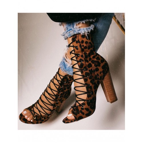 Peep Toe Leopard Printed Bandage Ankle Boots