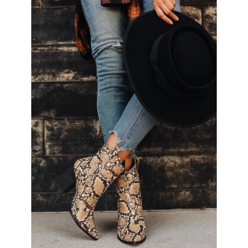Fashion Pointed Chunky Heel Snakeskin Boots